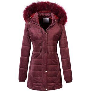 Women's Winter Velvet Puffer Jacket Quilted Coat Burgundy Faux Fur Hood Fabric